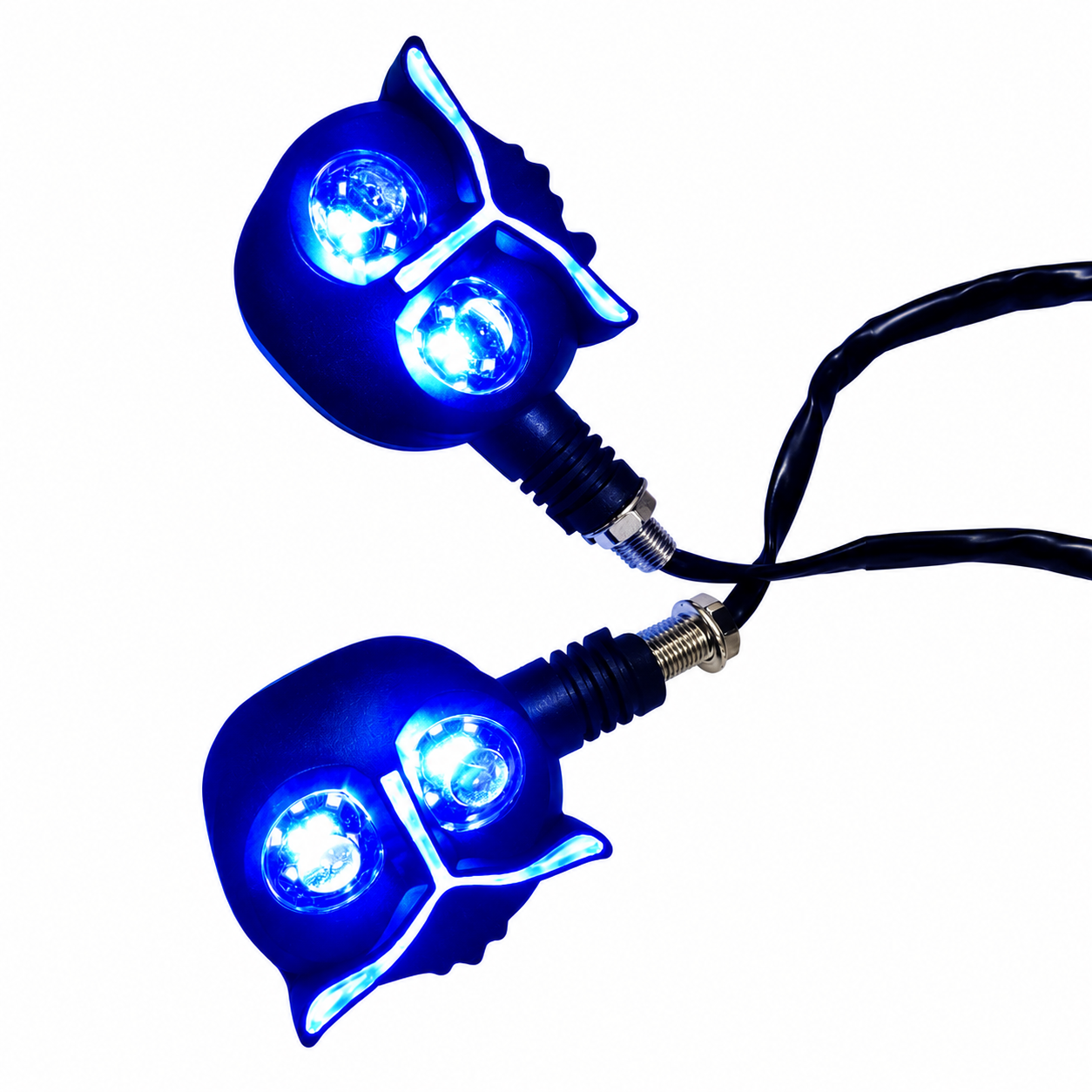 Owl-shaped LED motorcycle turn signals glowing blue – set of 2